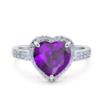 Halo Heart Promise Ring Simulated Amethyst CZ 925 Sterling Silver